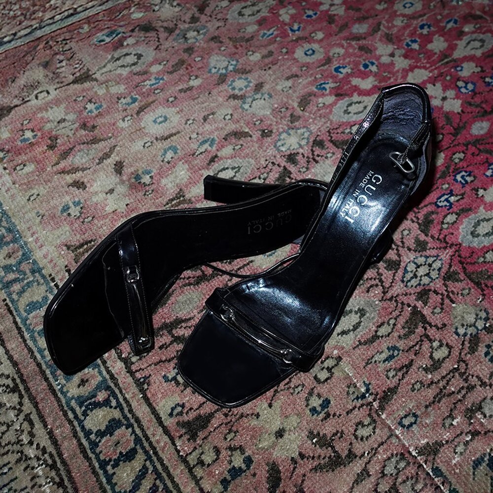 Gucci Vintage Tom Ford Black Patent Leather Silver Horsebit Heeled Sandal - US 8